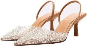 MRKEWUNEY Fashion Rhinestone Clear Slingback Pumps Shoes for Women Pointed Toe PVC Kitten Heels