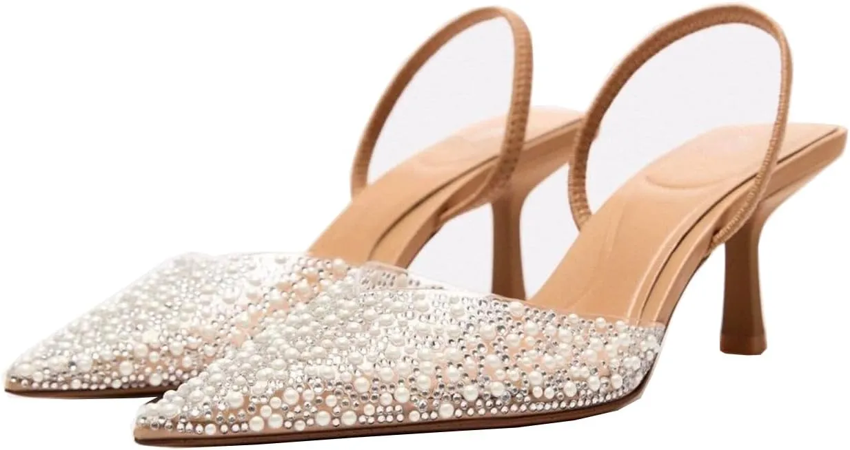 MRKEWUNEY Fashion Rhinestone Clear Slingback Pumps Shoes for Women Pointed Toe PVC Kitten Heels