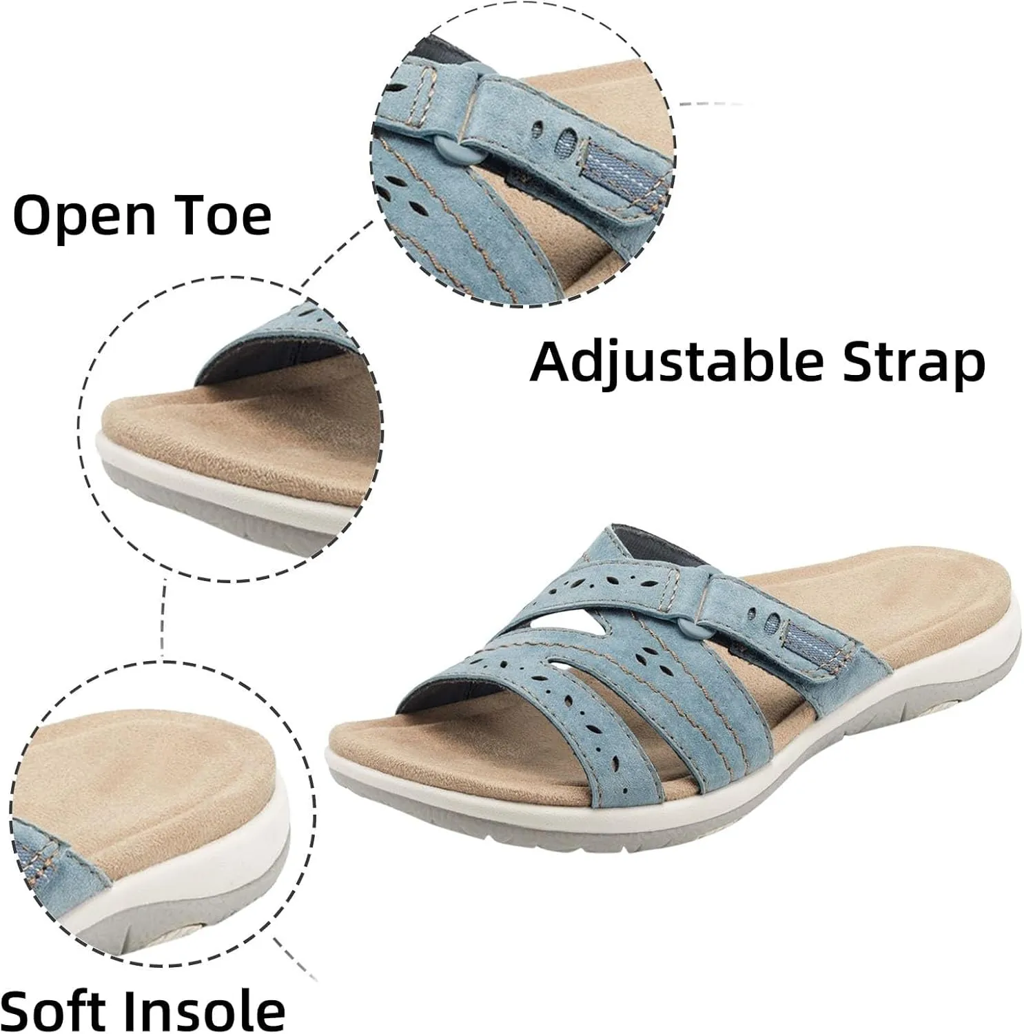 Mules for Women Arch Support Orthopedic Flats Shoes Slip On Thick Cushion Sandal Fishmouth Open Toe Shoes Sandals Perforated Decoration Lightweight Walking Beach Sandals 2025