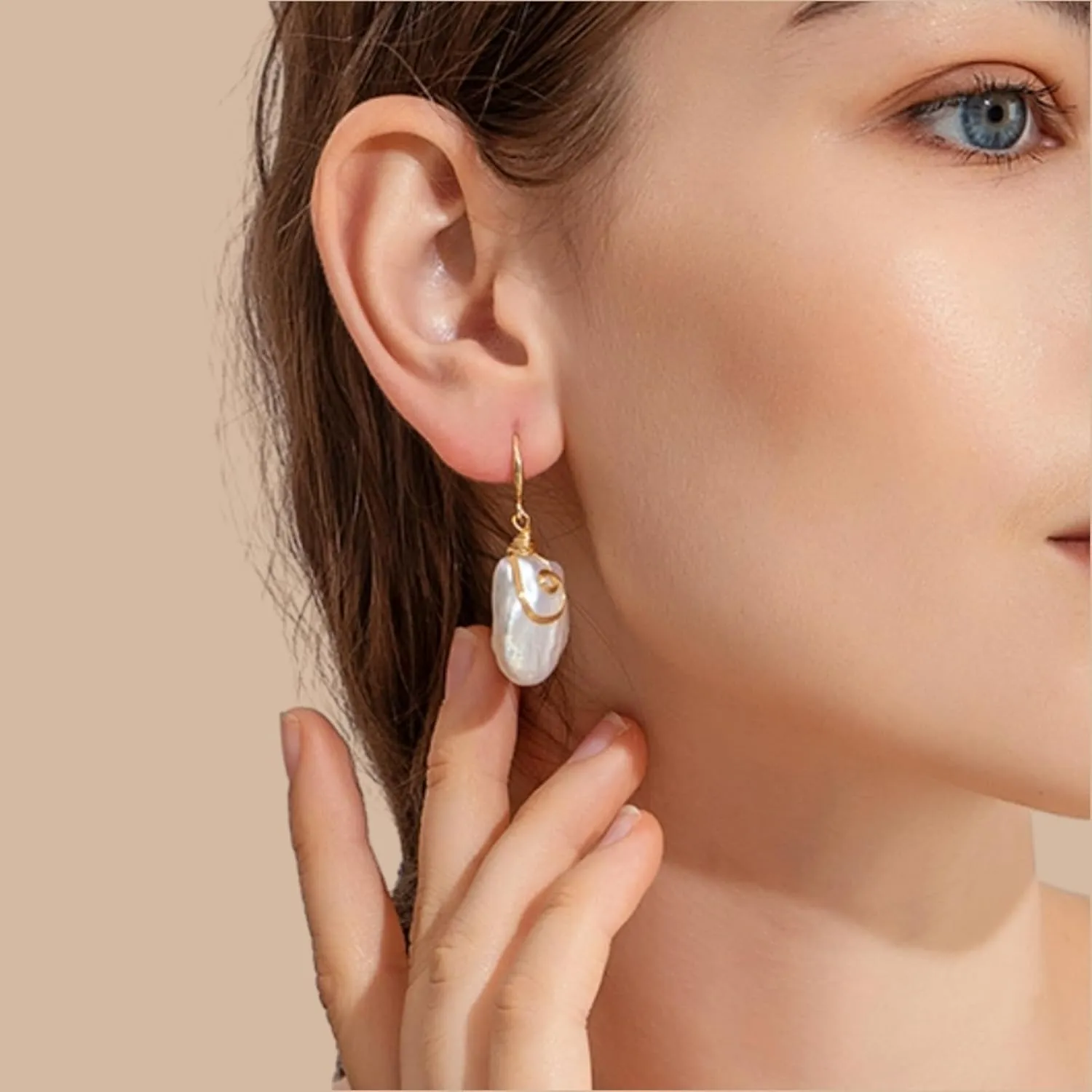 Natural Baroque Freshwater Pearl Dangle Drop Earrings for Women, Wire Wrap Gold Stud Earrings Jewelry, Best Gift for Mom Lover Her (14K Gold Plated)