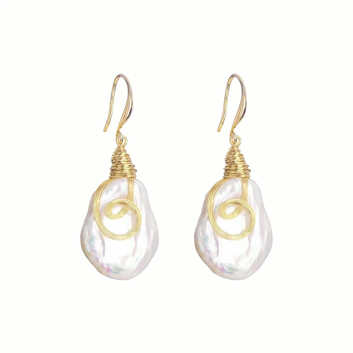 Natural Baroque Freshwater Pearl Dangle Drop Earrings for Women, Wire Wrap Gold Stud Earrings Jewelry, Best Gift for Mom Lover Her (14K Gold Plated)