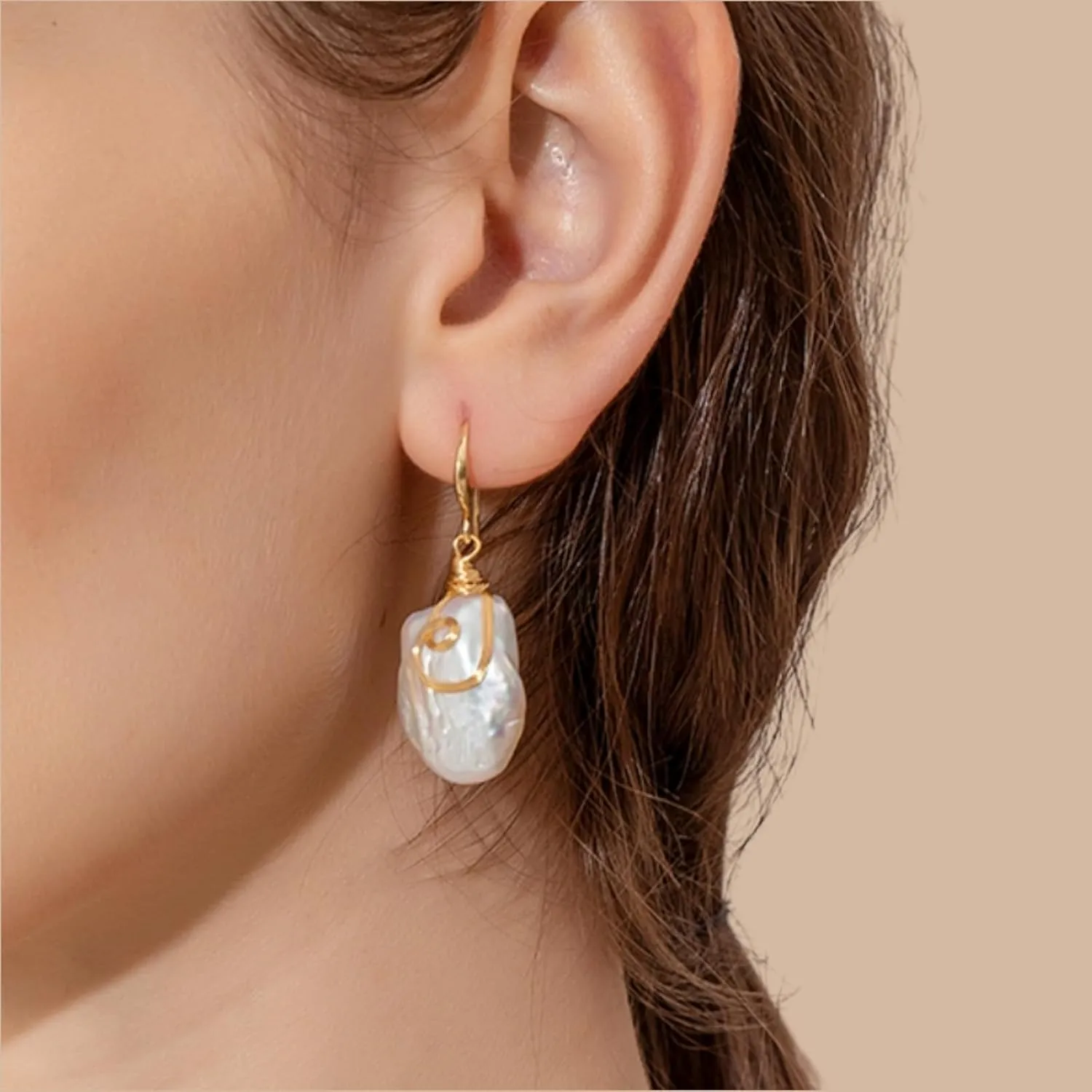Natural Baroque Freshwater Pearl Dangle Drop Earrings for Women, Wire Wrap Gold Stud Earrings Jewelry, Best Gift for Mom Lover Her (14K Gold Plated)