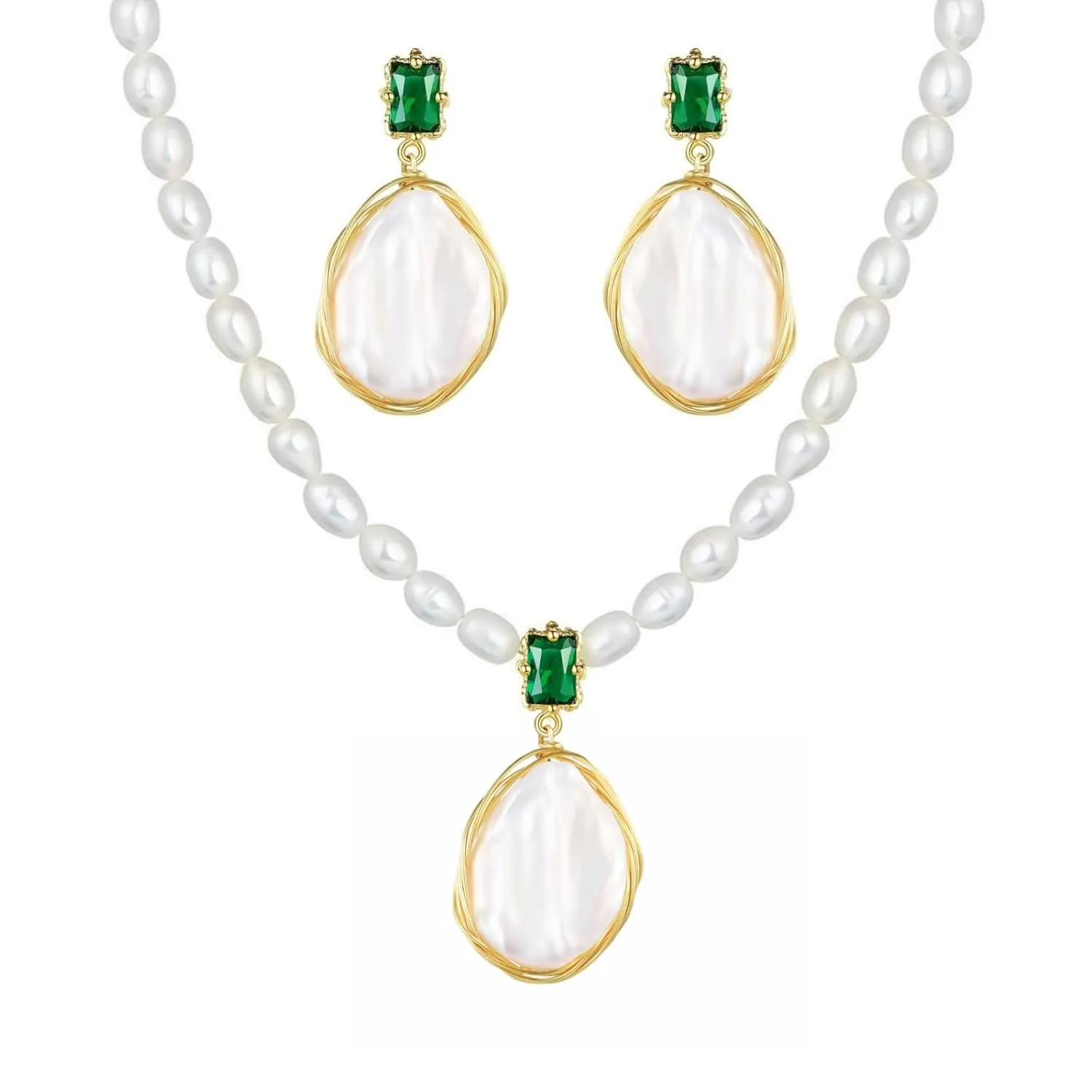 Natural Baroque Freshwater Pearl Dangle Necklace for Women, Wire Wrap Gold Pearl Stud Earrings Jewelry with Green Gemstone, Best Gift for Mom Lover Her (14K Gold Plated)