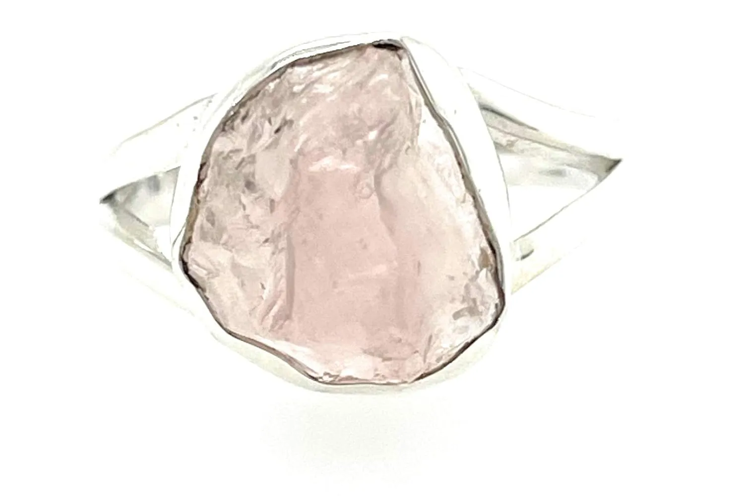 Natural Raw Pink Rose Quartz 925 Soild Sterling Silver Ring Size 7.25