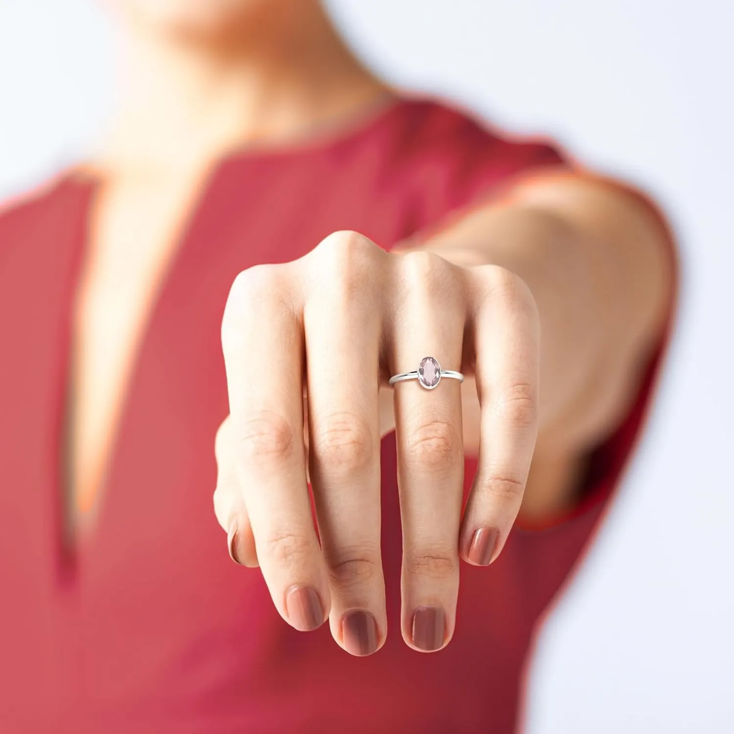Natural Rose Quartz Stackable Ring for Women in Sterling Silver, January Birthstone Jewelry Gifts for Her (Round, Oval, Pear)
