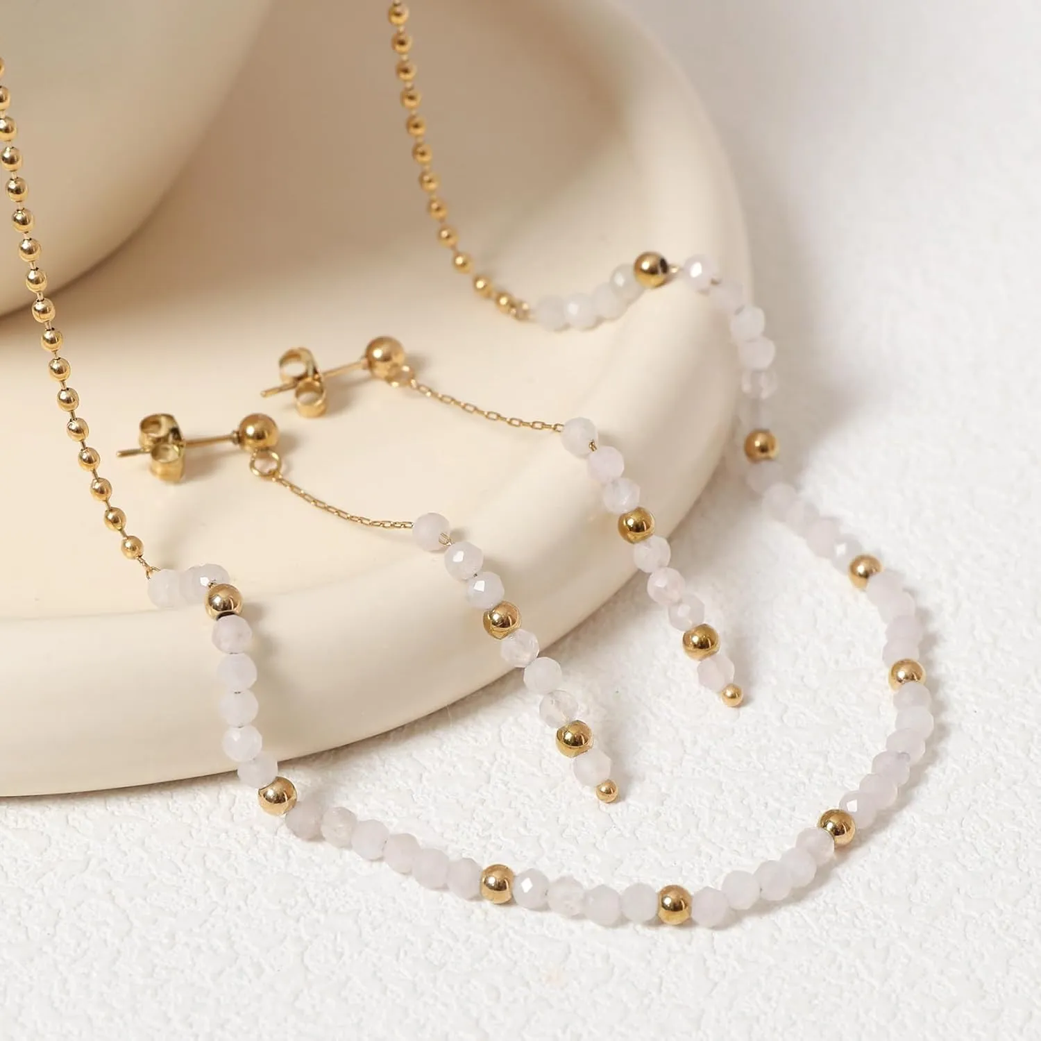 Natural Stone Beads Jewelry Set for Women Round Ball Beaded Chain Necklace and Earrings Set Boho Gemstone Healing Crystals Jewelry Set Gift for Mother Wife