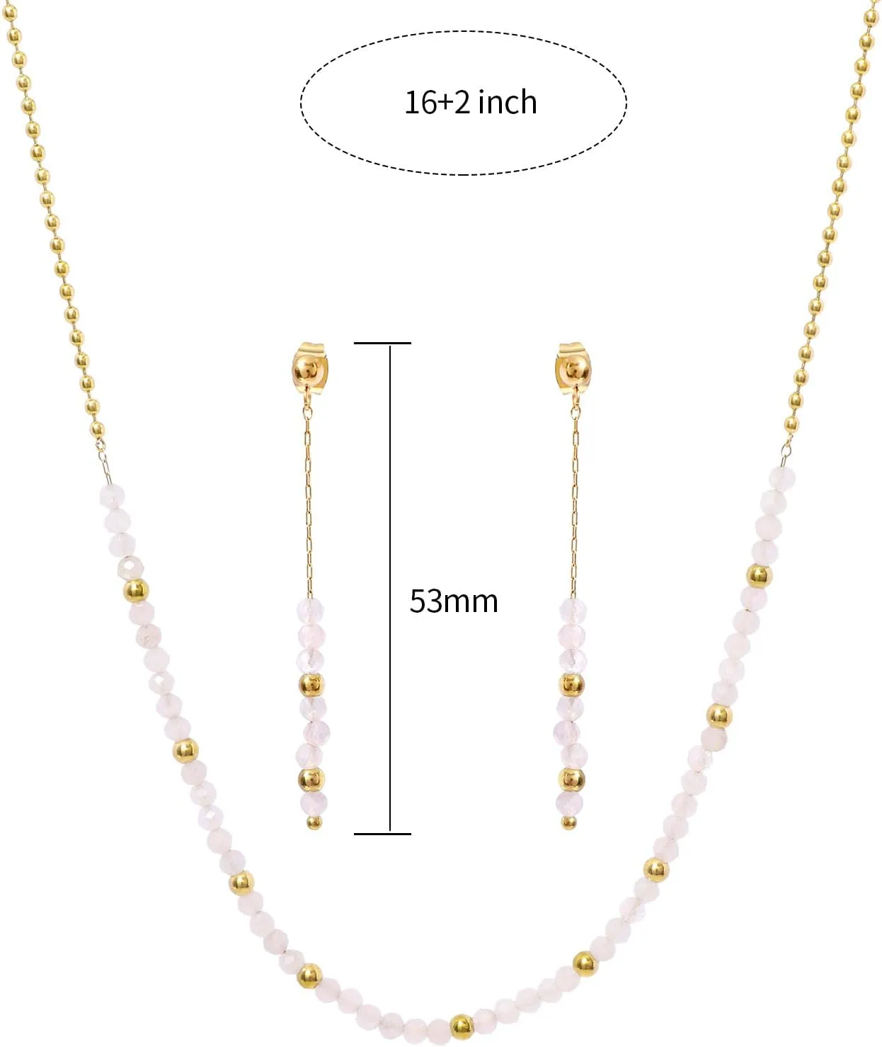Natural Stone Beads Jewelry Set for Women Round Ball Beaded Chain Necklace and Earrings Set Boho Gemstone Healing Crystals Jewelry Set Gift for Mother Wife