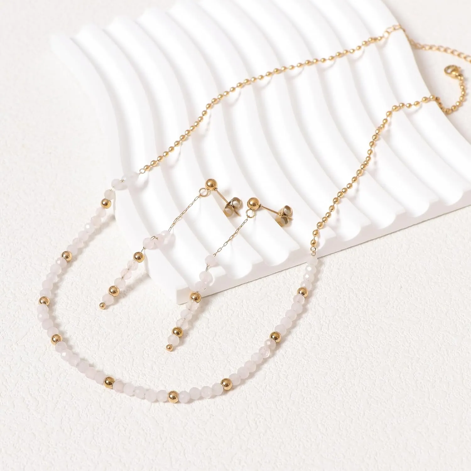 Natural Stone Beads Jewelry Set for Women Round Ball Beaded Chain Necklace and Earrings Set Boho Gemstone Healing Crystals Jewelry Set Gift for Mother Wife