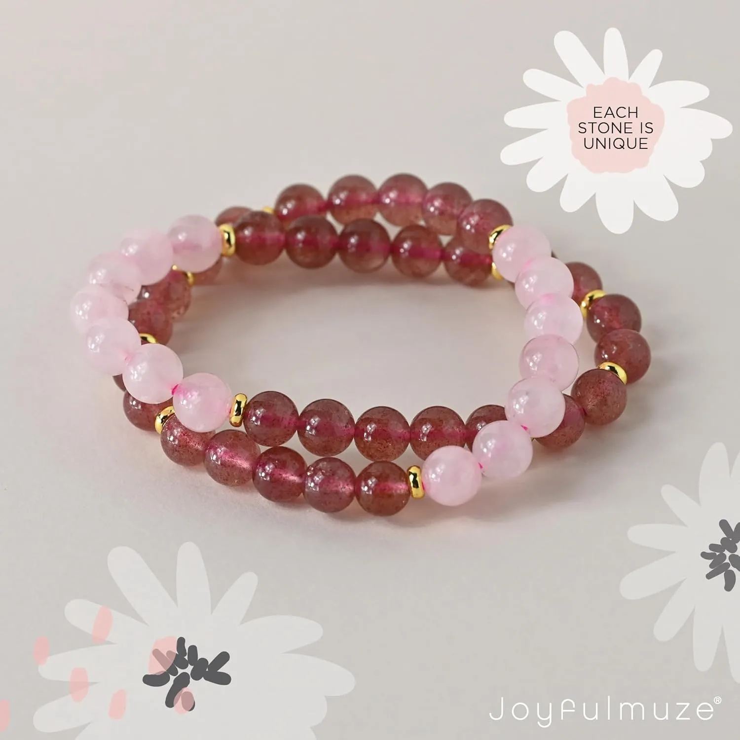Natural Strawberry Quartz and Rose Quartz Bracelet, Handmade Jewelry for Women and Girls, (Strawberry-Quartz-Rose-Quartz)