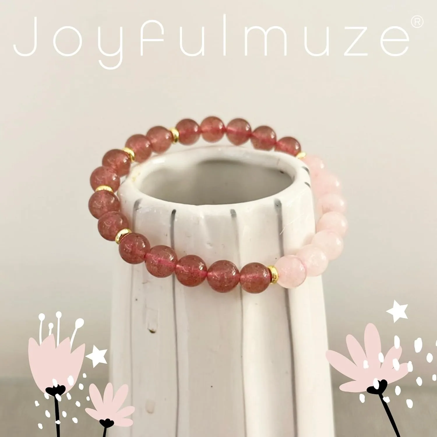 Natural Strawberry Quartz and Rose Quartz Bracelet, Handmade Jewelry for Women and Girls, (Strawberry-Quartz-Rose-Quartz)