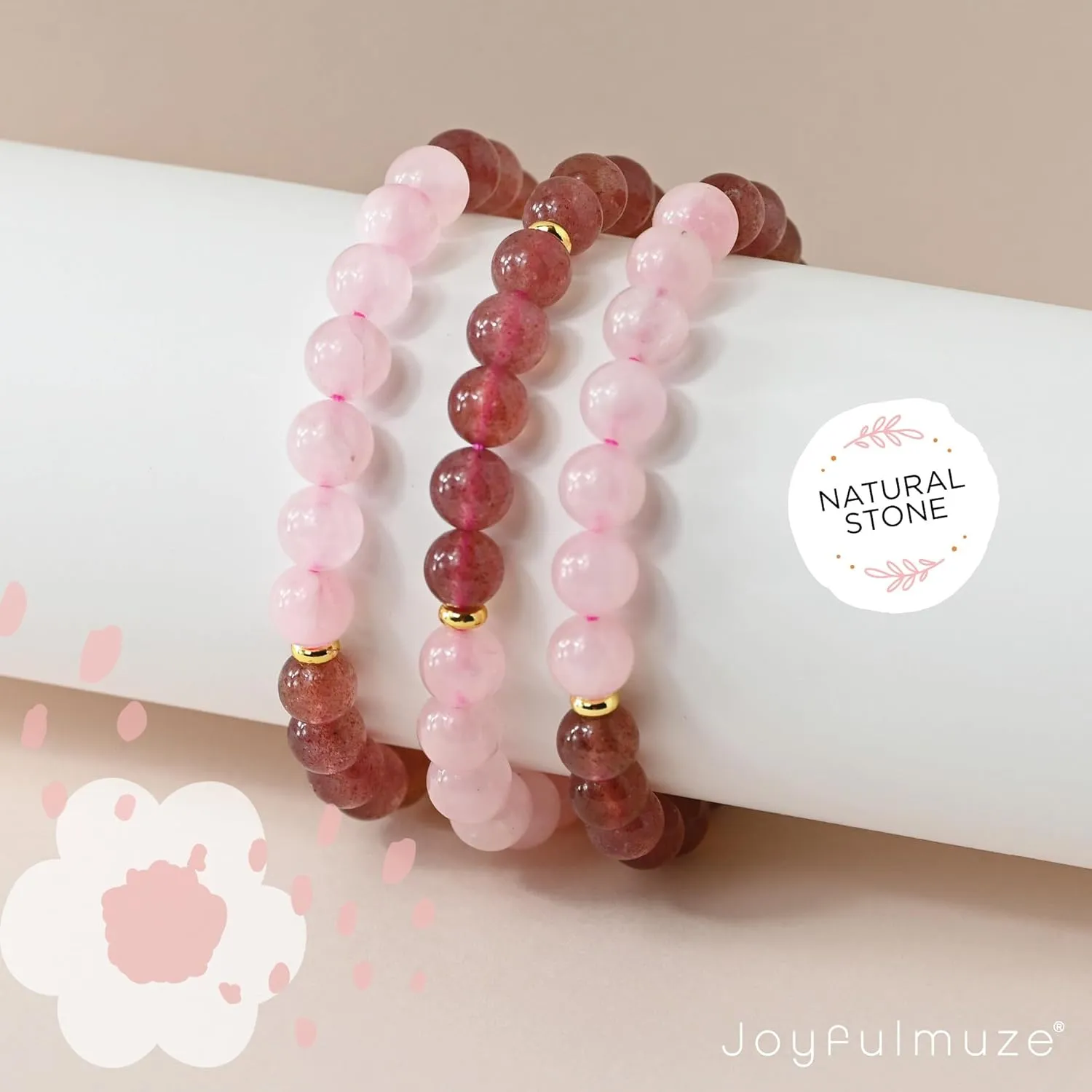 Natural Strawberry Quartz and Rose Quartz Bracelet, Handmade Jewelry for Women and Girls, (Strawberry-Quartz-Rose-Quartz)