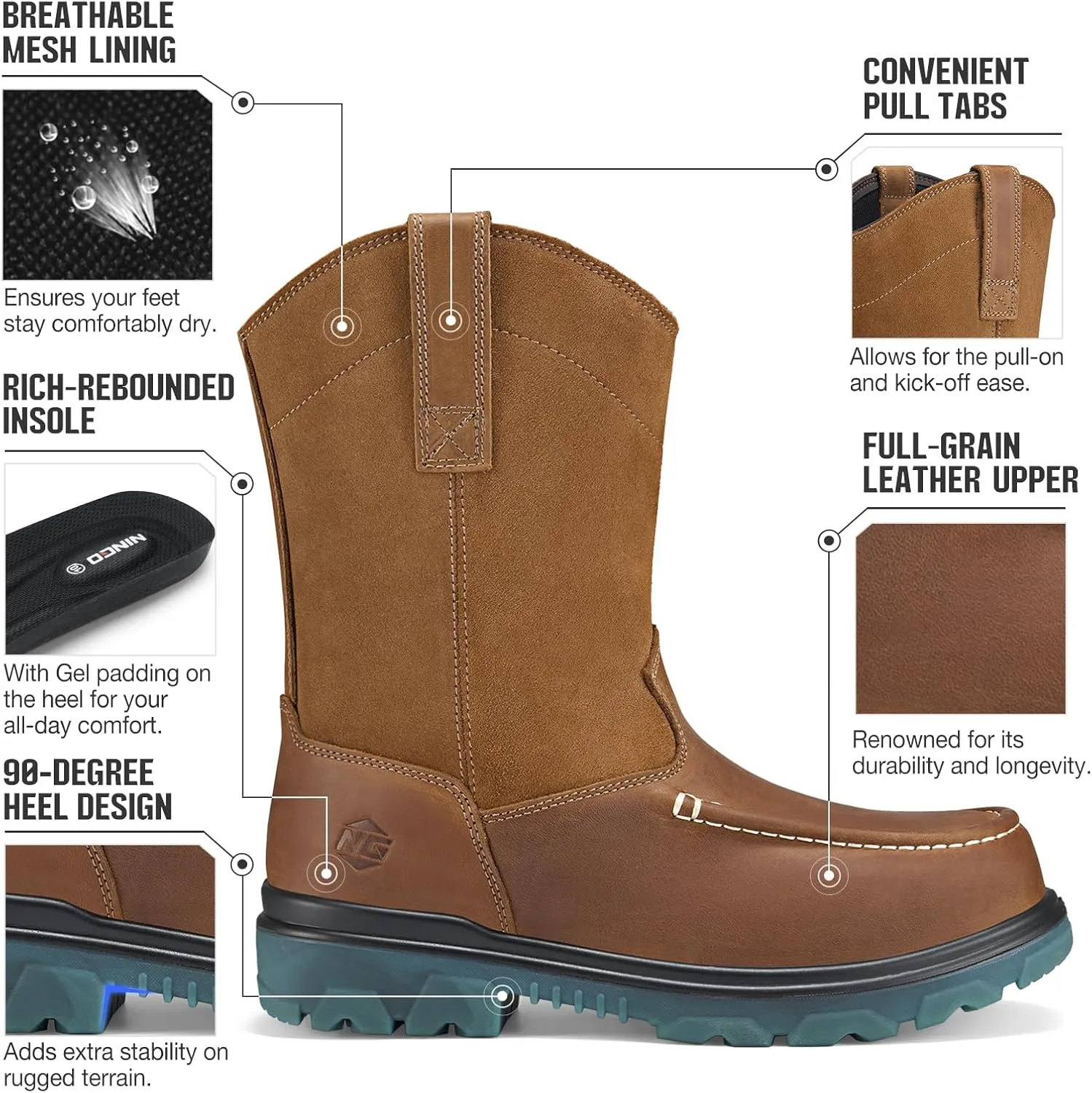 NINGO Steel Toe Work Boots for Men Women, Waterproof Wellington Boots with Full Grain Leather, Oil & Slip Resistant, High Rebound TPU SR Outsole Safety Boots, Pull On Work Boots for Construction, Farming