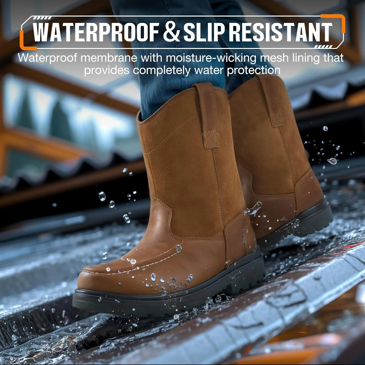 NINGO Steel Toe Work Boots for Men Women, Waterproof Wellington Boots with Full Grain Leather, Oil & Slip Resistant, High Rebound TPU SR Outsole Safety Boots, Pull On Work Boots for Construction, Farming