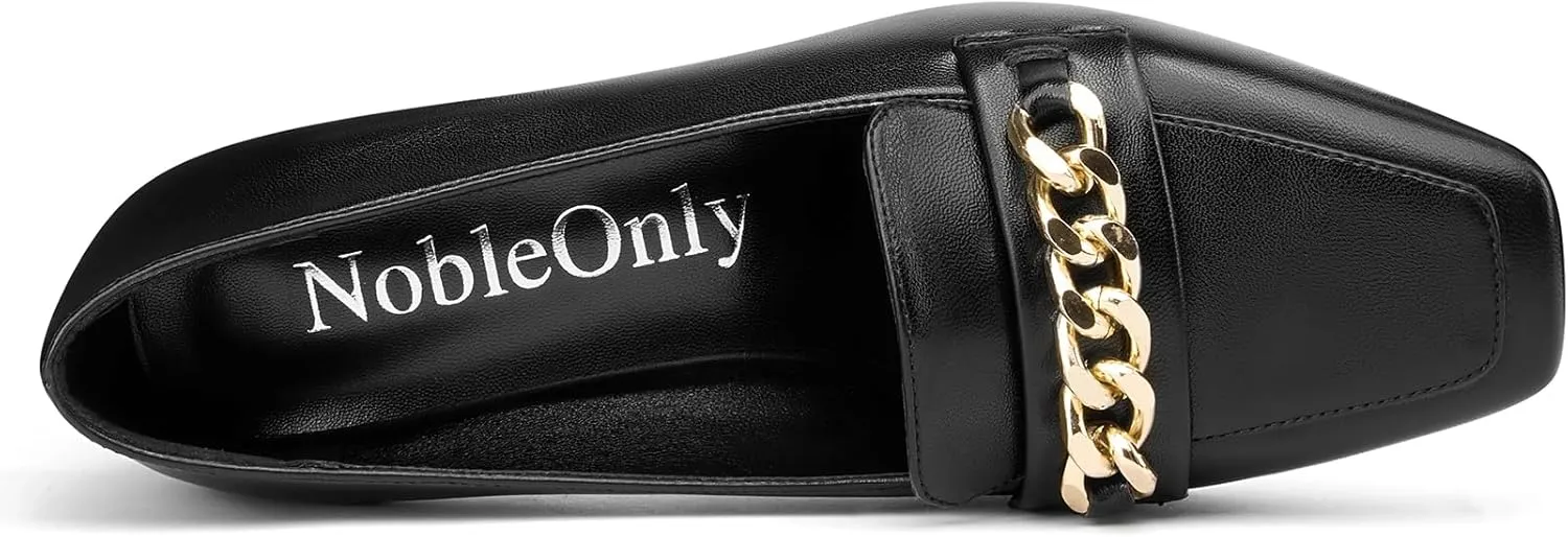 NobleOnly Heeled Loafers for Women Mid Chunky Block Loafers Close Square Toe Slip-on Pumps with Metal Chain Work Casual Pumps 2.8 Inches Heels