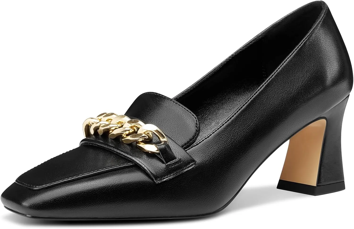 NobleOnly Heeled Loafers for Women Mid Chunky Block Loafers Close Square Toe Slip-on Pumps with Metal Chain Work Casual Pumps 2.8 Inches Heels