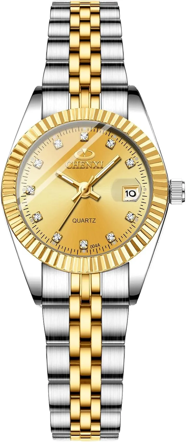OIDEA Stainless Steel Women's Wrist Watches: Waterproof Round Dial Luminous Mens Watches Gold Rhinestones Date Analog Quartz Wrist Watches for Women