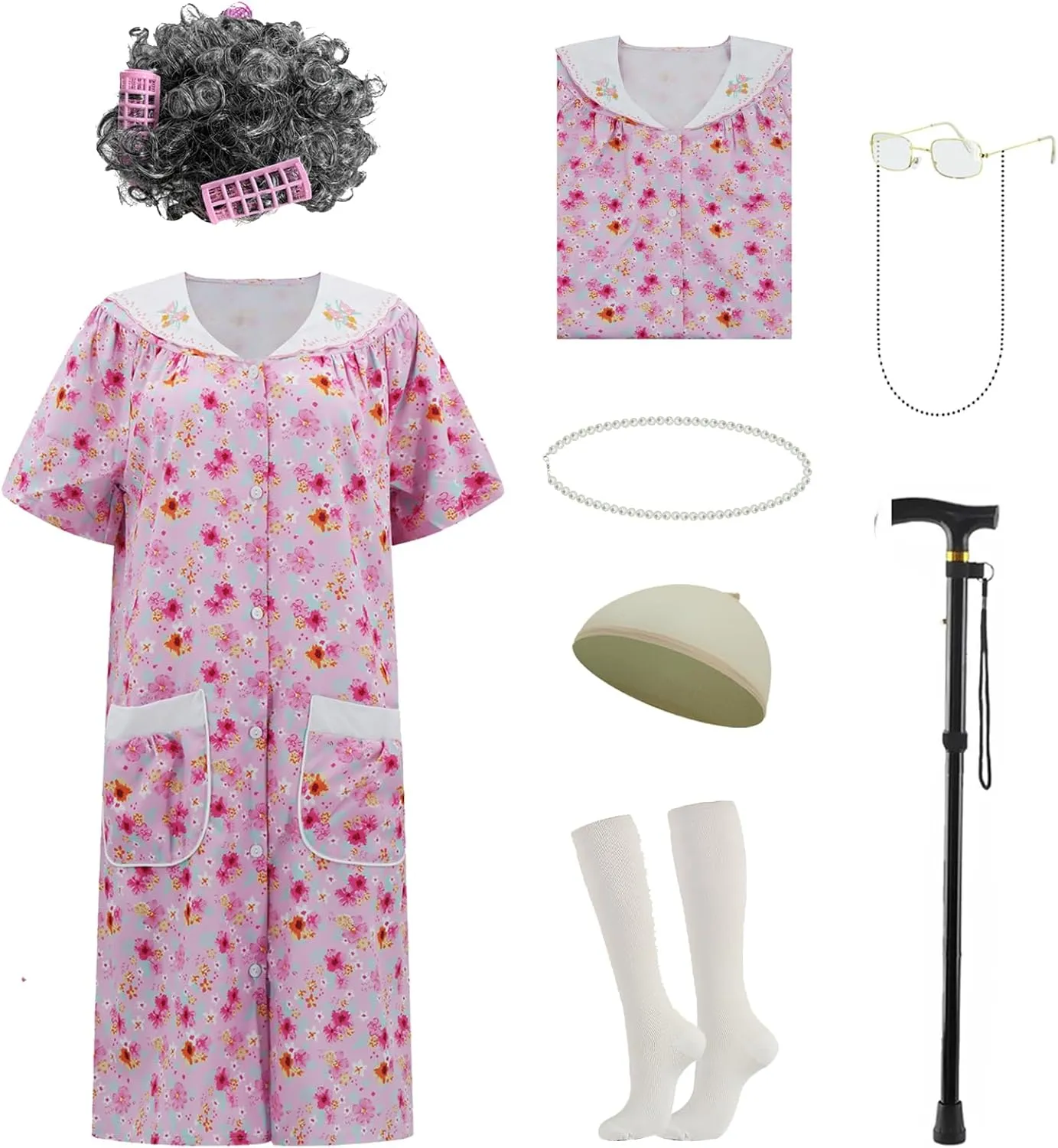 Old Lady Costume for Women, Grandma Costume Kit with Nightgown Old Lady Dress Granny Costume Halloween Outfits