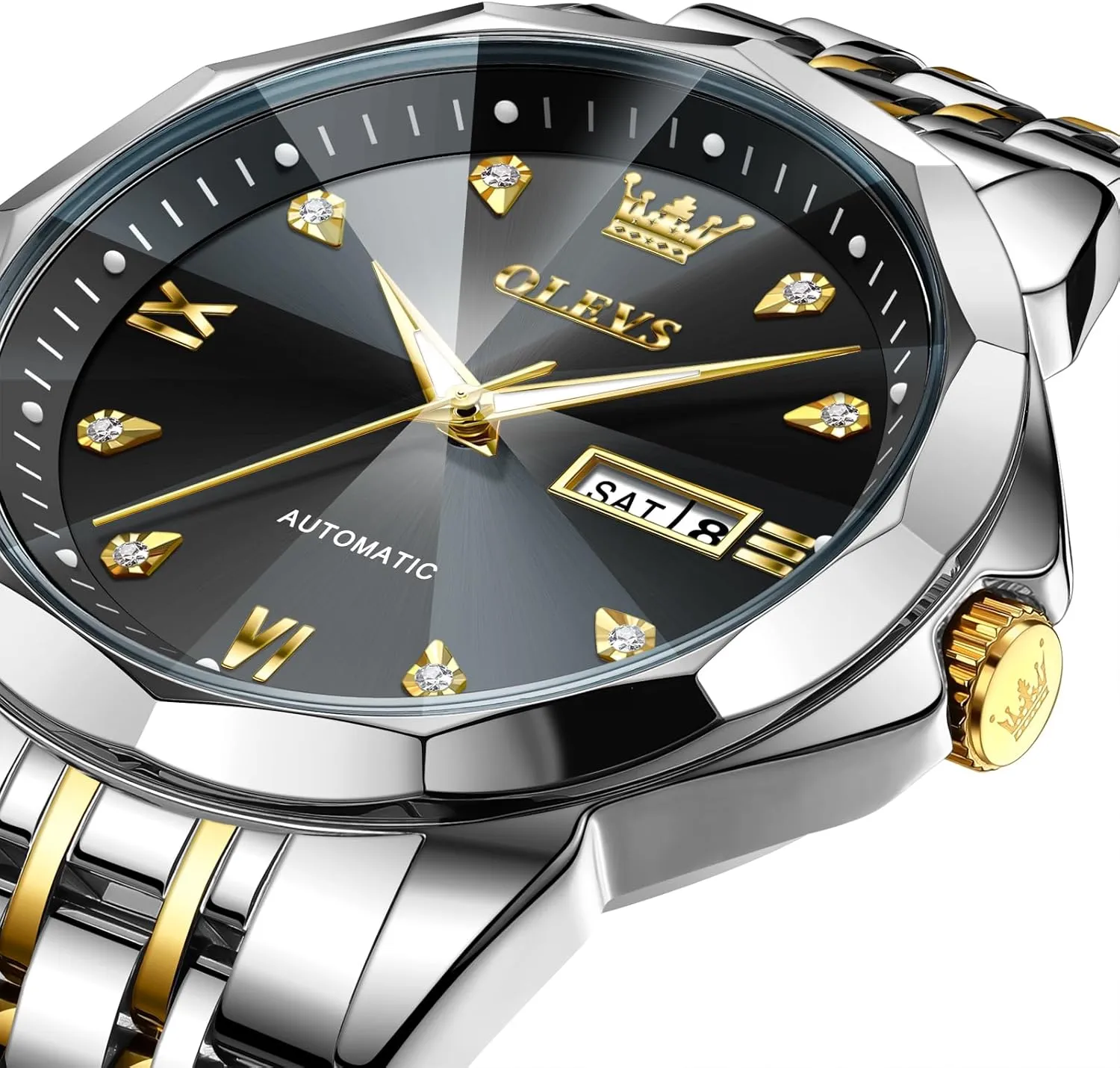 OLEVS Automatic Watches for Men Self-Winding Mechanical 42MM Diamond Big Dial Business Luxury Stainless Steel Luminous Two-Tone Tourbillon Wirst Watch Gift