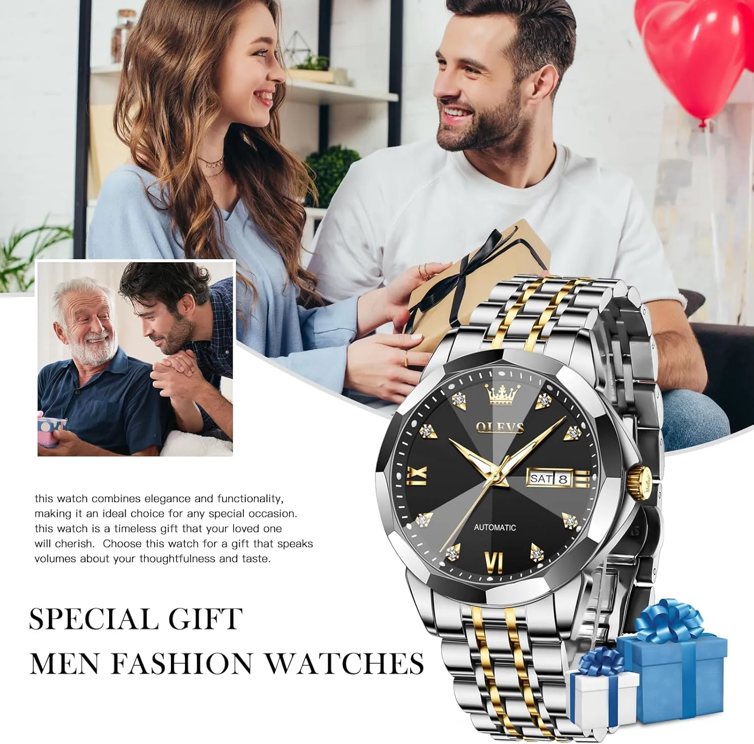 OLEVS Automatic Watches for Men Self-Winding Mechanical 42MM Diamond Big Dial Business Luxury Stainless Steel Luminous Two-Tone Tourbillon Wirst Watch Gift