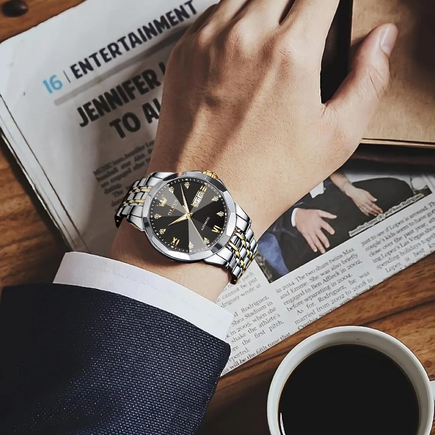 OLEVS Automatic Watches for Men Self-Winding Mechanical 42MM Diamond Big Dial Business Luxury Stainless Steel Luminous Two-Tone Tourbillon Wirst Watch Gift