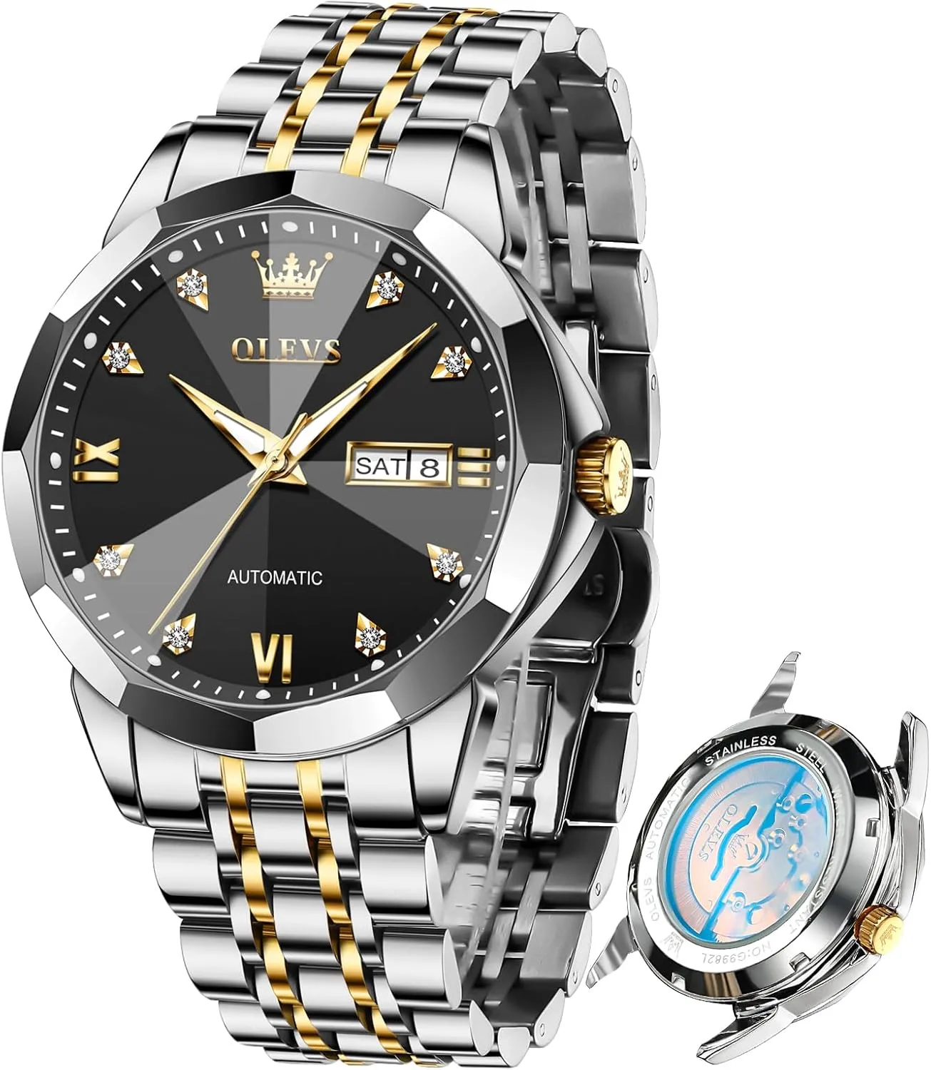 OLEVS Automatic Watches for Men Self-Winding Mechanical 42MM Diamond Big Dial Business Luxury Stainless Steel Luminous Two-Tone Tourbillon Wirst Watch Gift