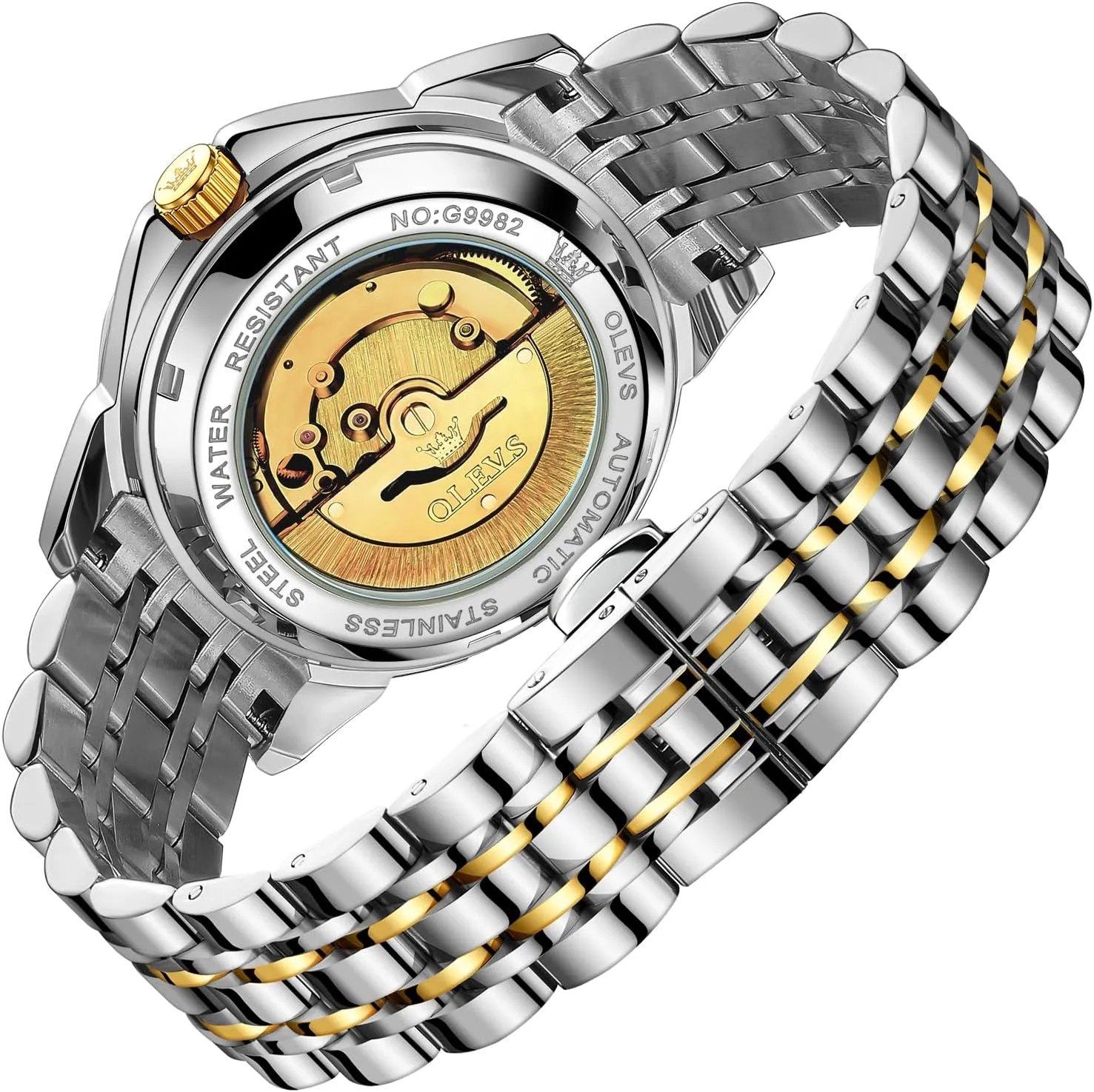 OLEVS Automatic Watches for Men Self-Winding Mechanical 42MM Diamond Big Dial Business Luxury Stainless Steel Luminous Two-Tone Tourbillon Wirst Watch Gift