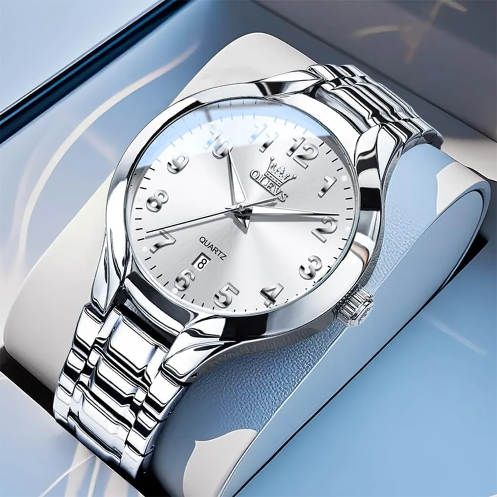 OLEVS Men's Stainless Steel Watch, Big Face Easy to Read Analog Watch, Luxury Waterproof Date Arabic Numerals Dial Dress Watches for Men