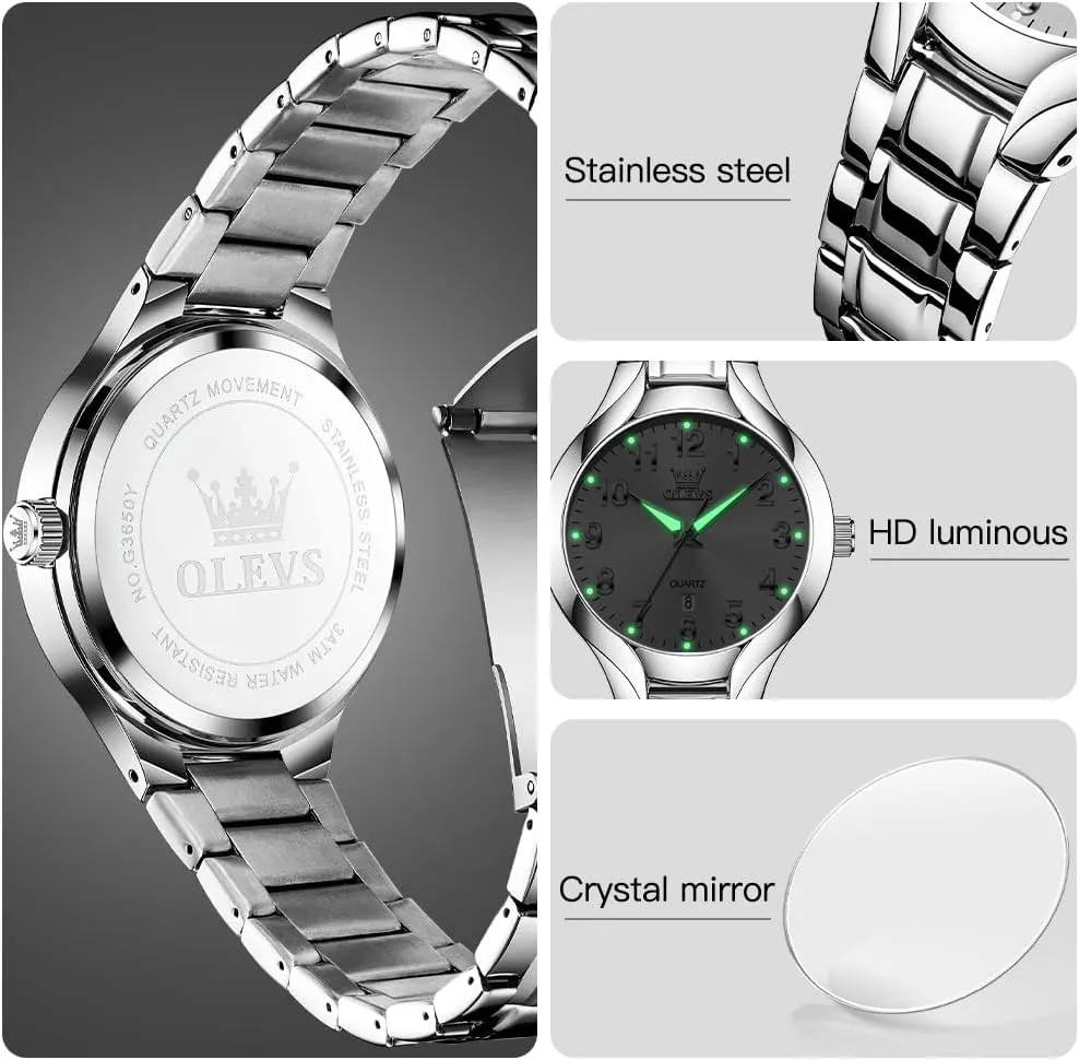 OLEVS Men's Stainless Steel Watch, Big Face Easy to Read Analog Watch, Luxury Waterproof Date Arabic Numerals Dial Dress Watches for Men