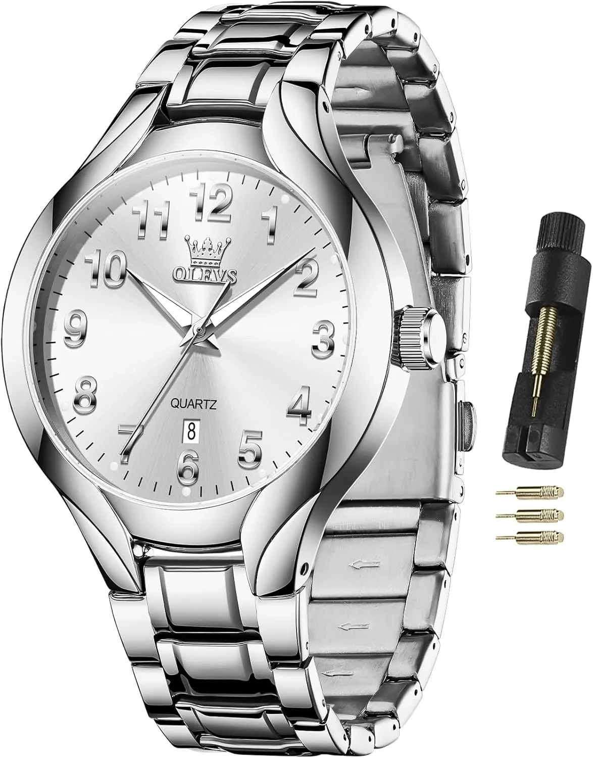 OLEVS Men's Stainless Steel Watch, Big Face Easy to Read Analog Watch, Luxury Waterproof Date Arabic Numerals Dial Dress Watches for Men