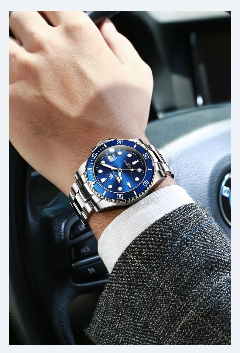 OLEVS Mens Watches, Silver Dress Gold Classic Luxury Big Large Face Waterproof Watches for Men, Analog Two Tone Stainless Steel Men Wrist Watch with Date Relojes De Hombre (Green/Blue/Black Dial