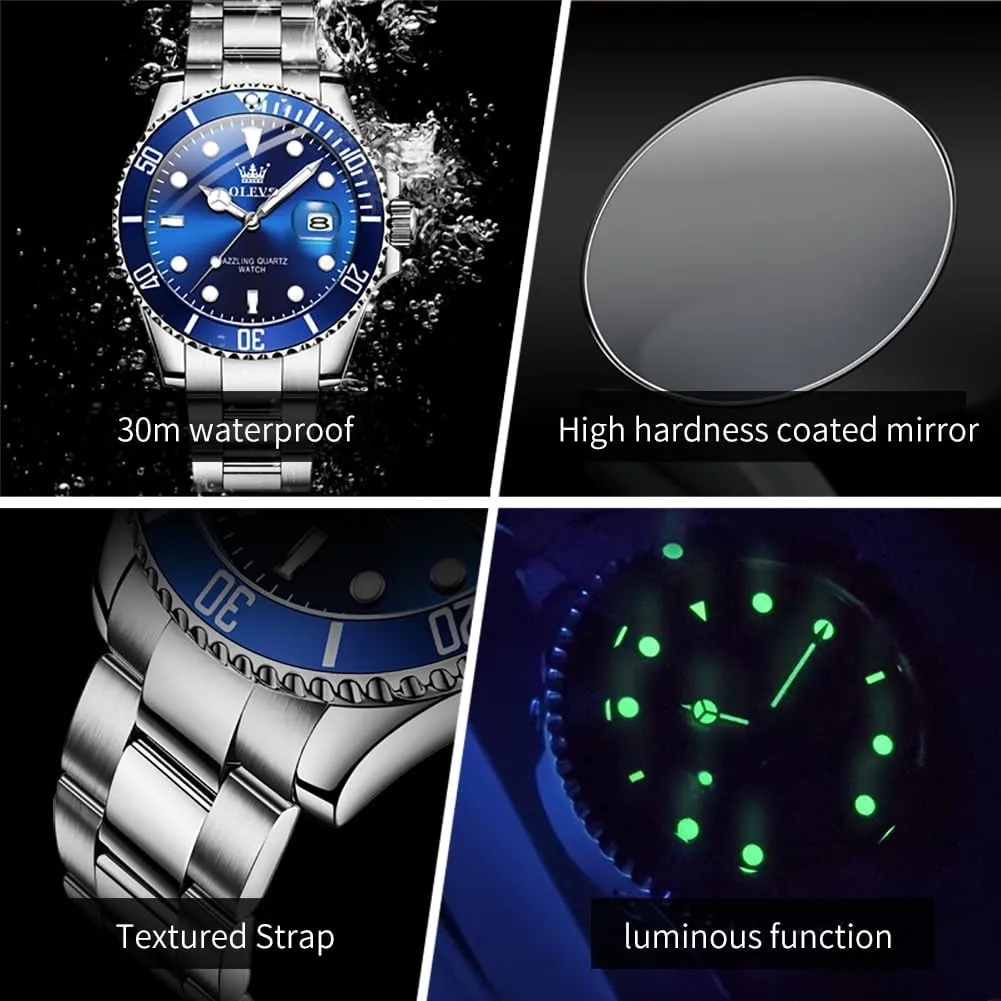 OLEVS Mens Watches, Silver Dress Gold Classic Luxury Big Large Face Waterproof Watches for Men, Analog Two Tone Stainless Steel Men Wrist Watch with Date Relojes De Hombre (Green/Blue/Black Dial