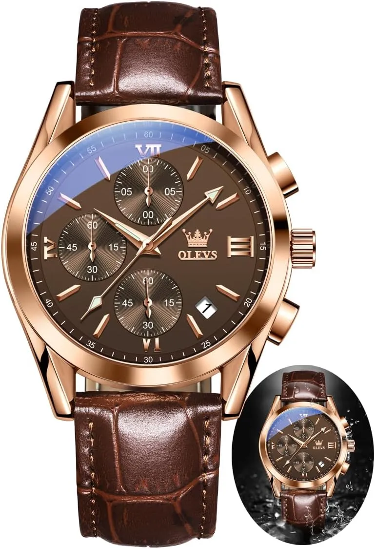 OLEVS Watch Men, Brown Mens Watch with Leather Band Dress Waterproof Analog Chronograph Big Face Mens Watches Relojes para Hombres Classic Large Dial Easy to Read Male Wristwatch Black Stap with Date