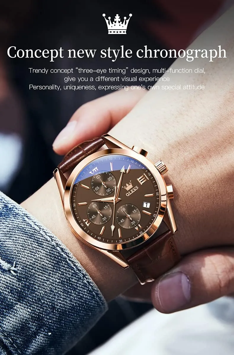 OLEVS Watch Men, Brown Mens Watch with Leather Band Dress Waterproof Analog Chronograph Big Face Mens Watches Relojes para Hombres Classic Large Dial Easy to Read Male Wristwatch Black Stap with Date