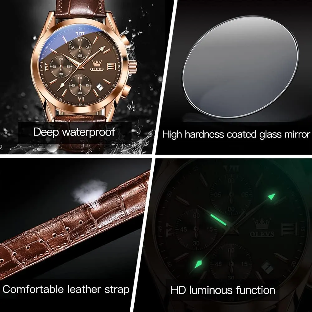 OLEVS Watch Men, Brown Mens Watch with Leather Band Dress Waterproof Analog Chronograph Big Face Mens Watches Relojes para Hombres Classic Large Dial Easy to Read Male Wristwatch Black Stap with Date