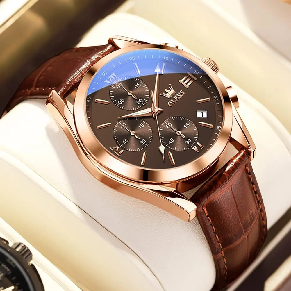 OLEVS Watch Men, Brown Mens Watch with Leather Band Dress Waterproof Analog Chronograph Big Face Mens Watches Relojes para Hombres Classic Large Dial Easy to Read Male Wristwatch Black Stap with Date