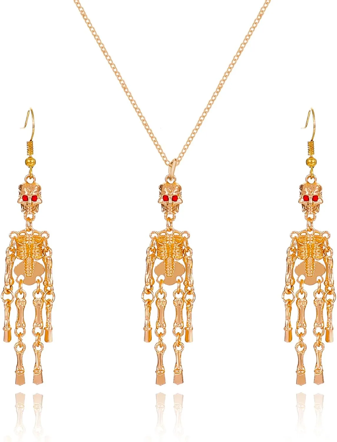 ONLYJUMP Halloween Skeleton Necklace Earrings Set for Women Gothic Gold Silver Skull Skeleton Pendant Necklace Punk Skull Dangle Earrings Halloween Party Costume Jewelry Set for Unisex