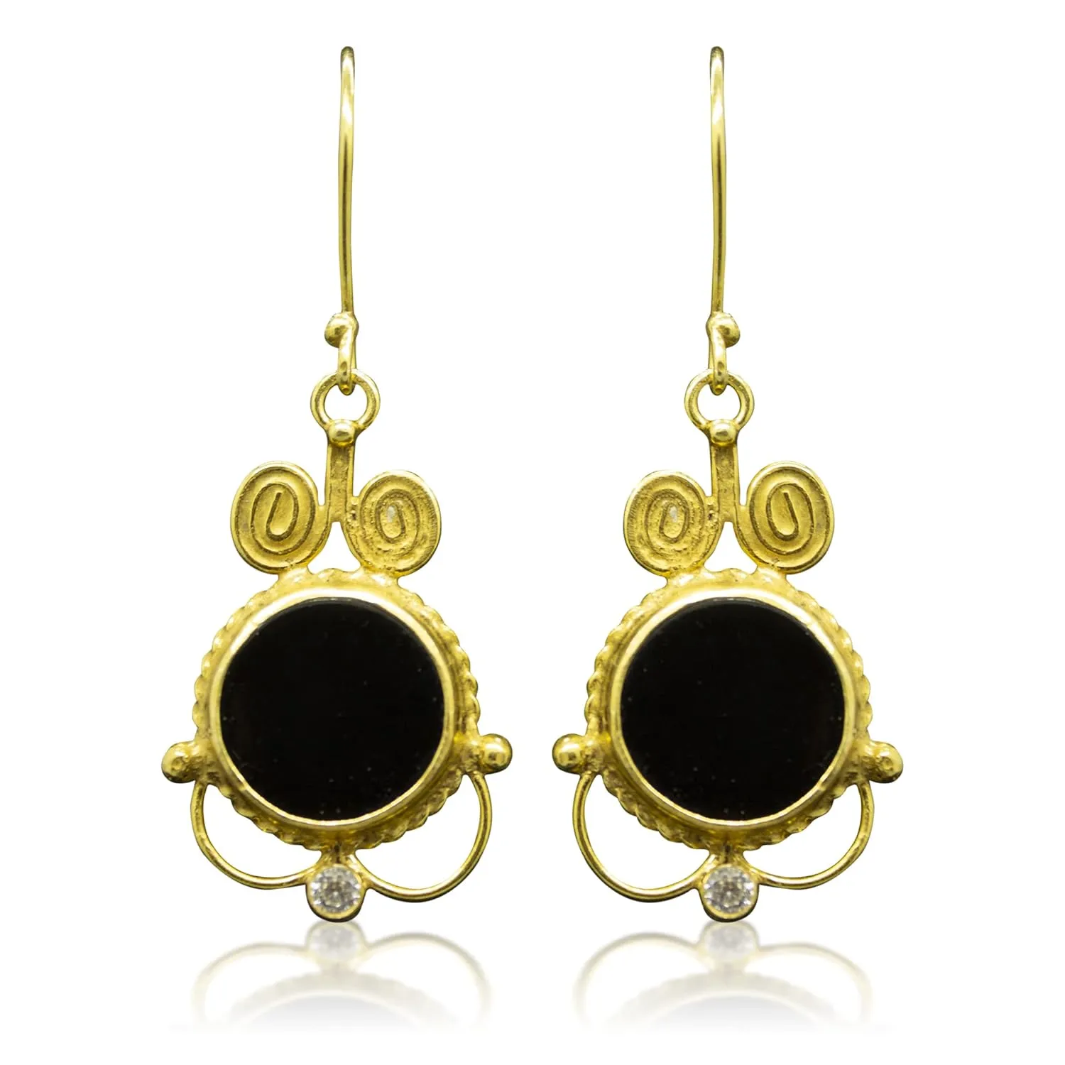 Onyx Stone Silver Earrings | 24K Gold Over 925 Sterling Silver | Ancient Minimalist Handcrafted | Black Stone Earrings Handmade | By Pellada
