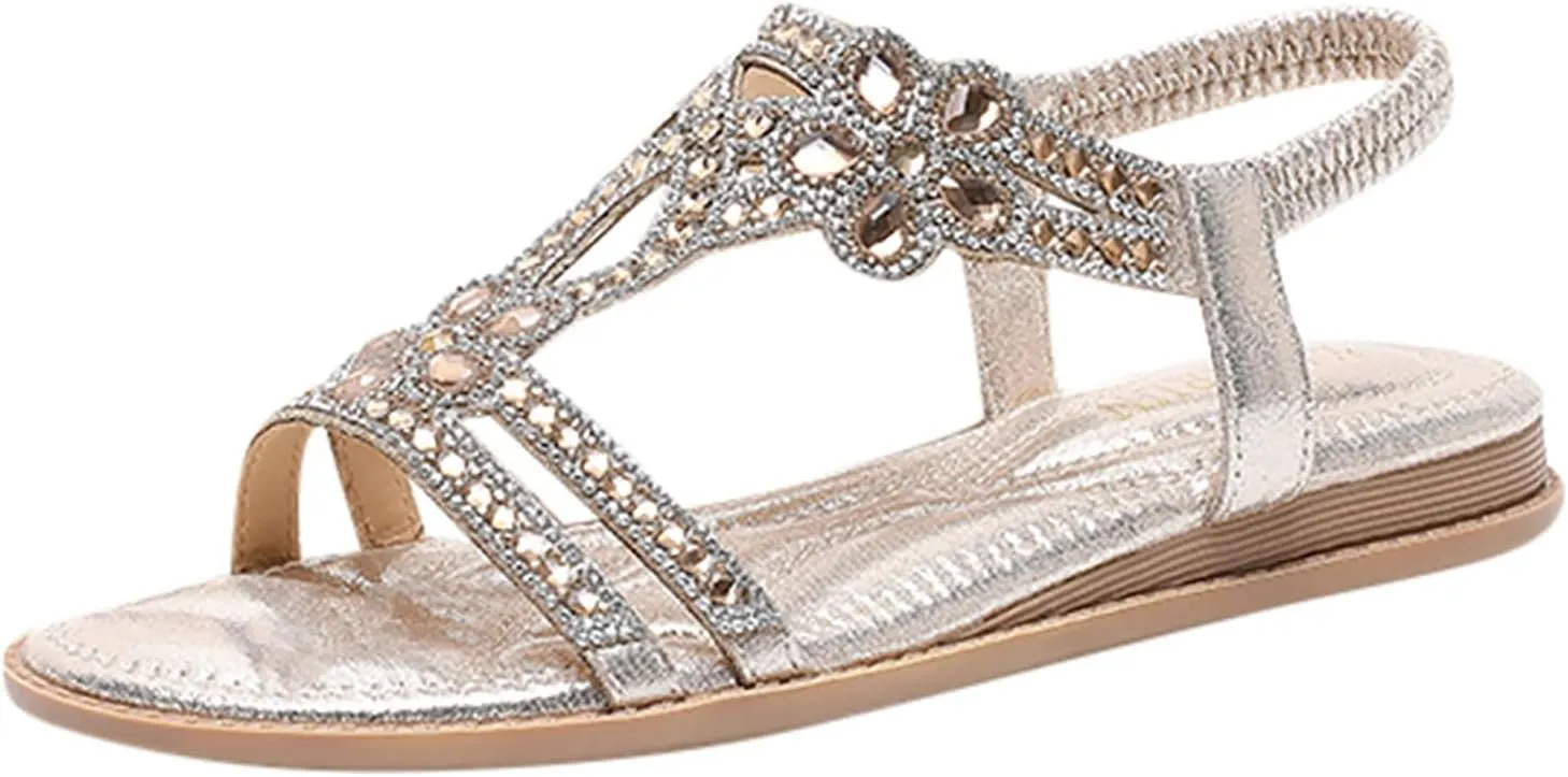 orthopedic shoes for women Sandals for Women Dressy Summer,Women's Rhinestone Flats Sandals Women Bohemia Fashion Comfortable Low Heel Sparkly Sandals