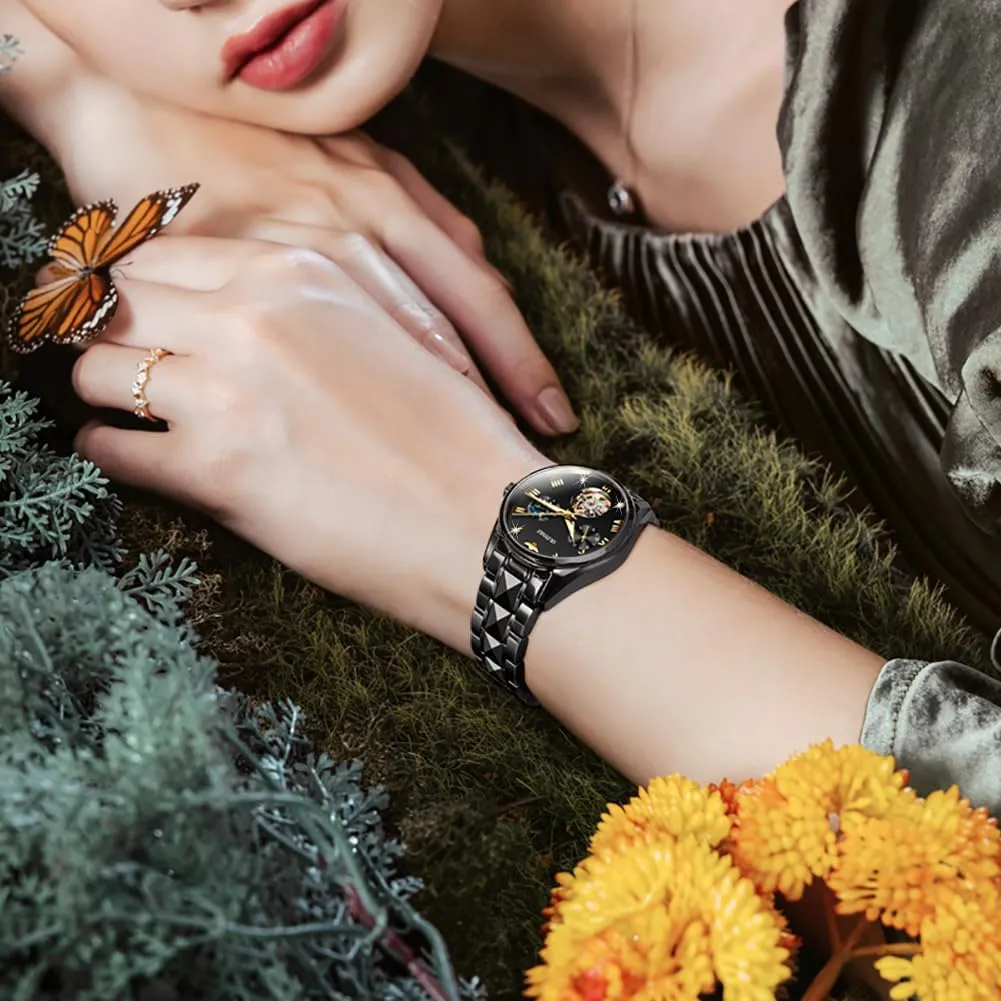 OUPINKE Watch for Women Automatic Luxury Diamond Skeleton Self Winding Mechanical Elegant Dress Ladies Wrist Watches Sapphire Crystal Waterproof Luminous