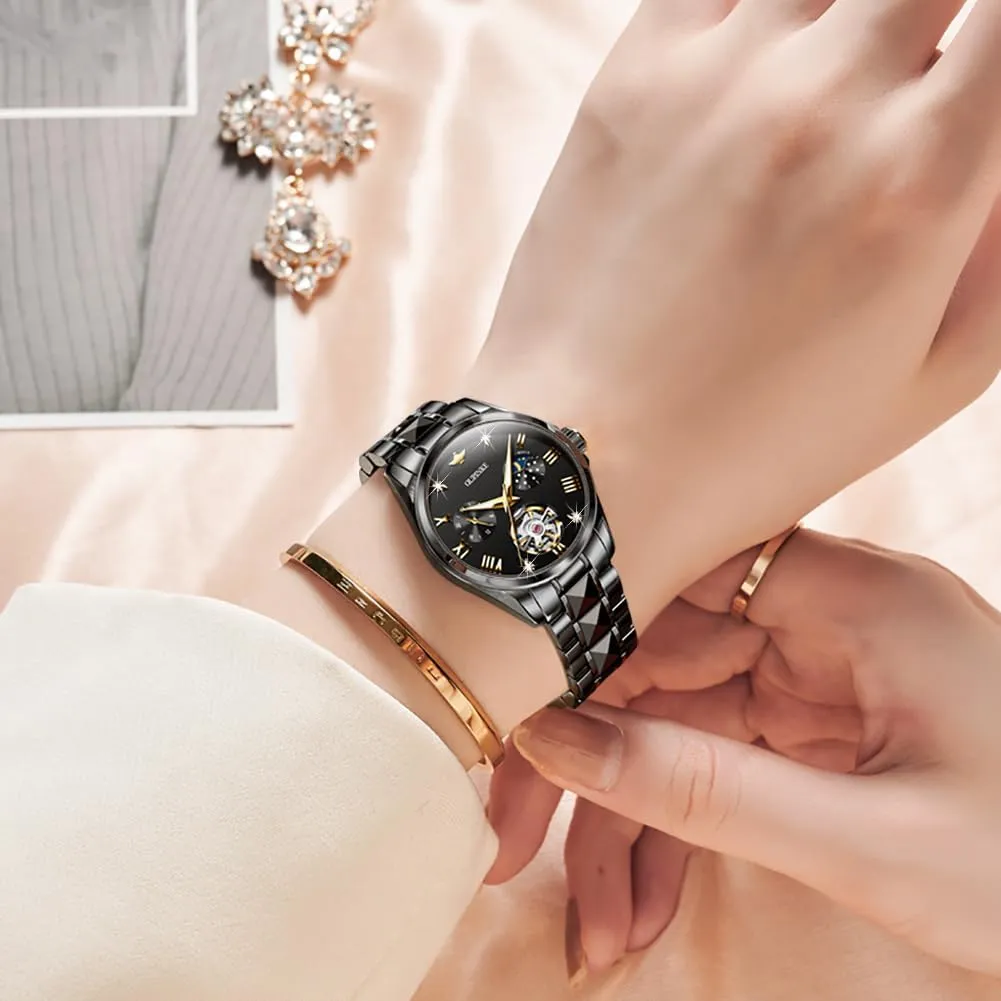 OUPINKE Watch for Women Automatic Luxury Diamond Skeleton Self Winding Mechanical Elegant Dress Ladies Wrist Watches Sapphire Crystal Waterproof Luminous