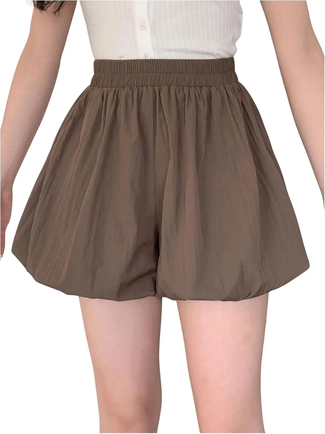 OYOANGLE Women's Elastic High Waist Bubble Shorts Wide Leg Loose Fit Balloon Skorts