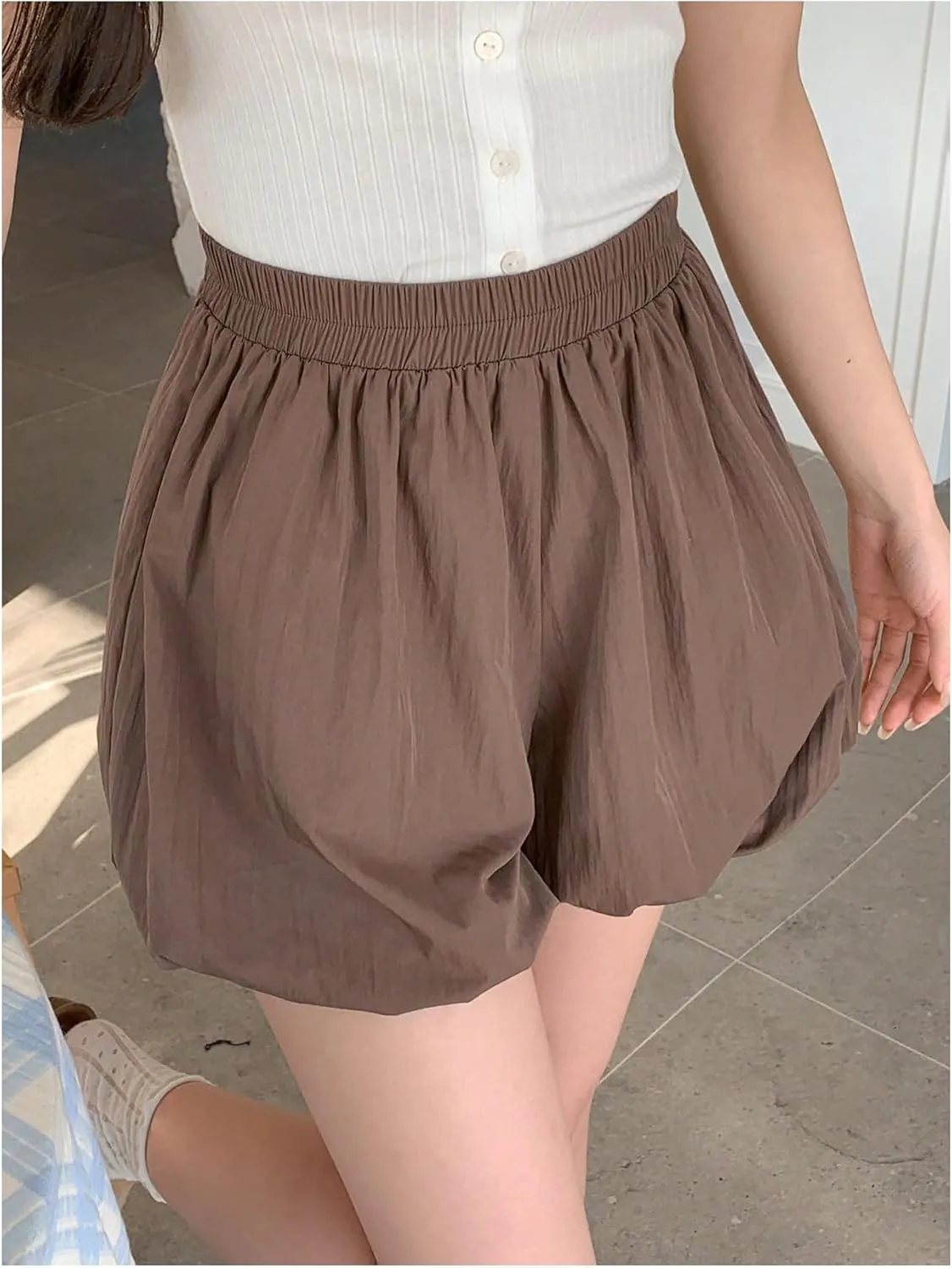 OYOANGLE Women's Elastic High Waist Bubble Shorts Wide Leg Loose Fit Balloon Skorts