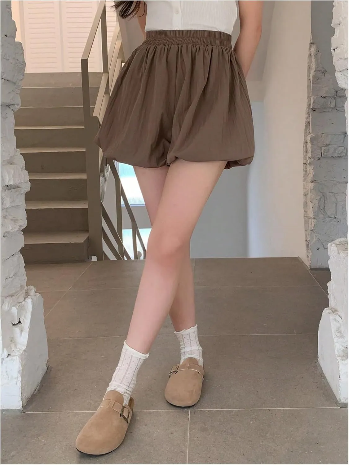 OYOANGLE Women's Elastic High Waist Bubble Shorts Wide Leg Loose Fit Balloon Skorts