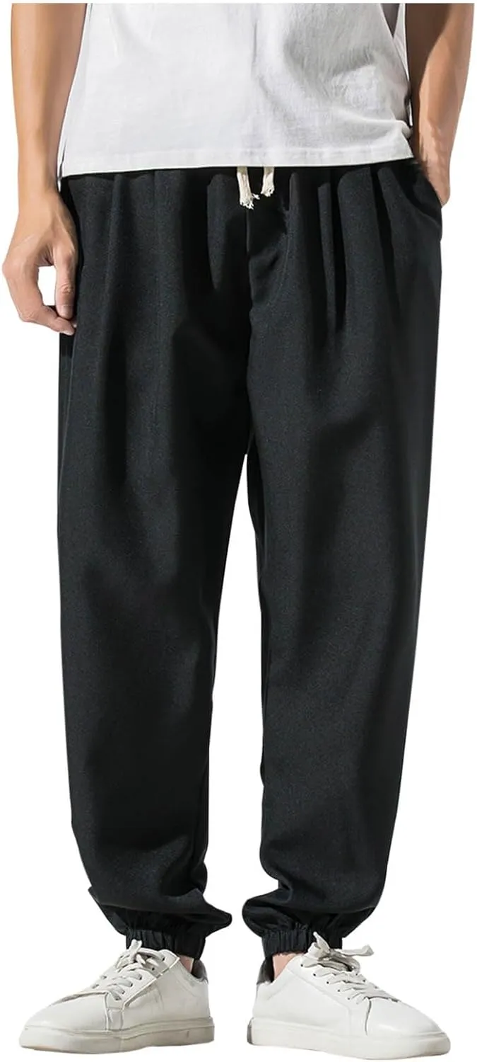 Pants Men Silm Fit Casual Lightweight Drawstring Linen Trousers with Pocket Trendy Breathable Comfy Workout Clothes