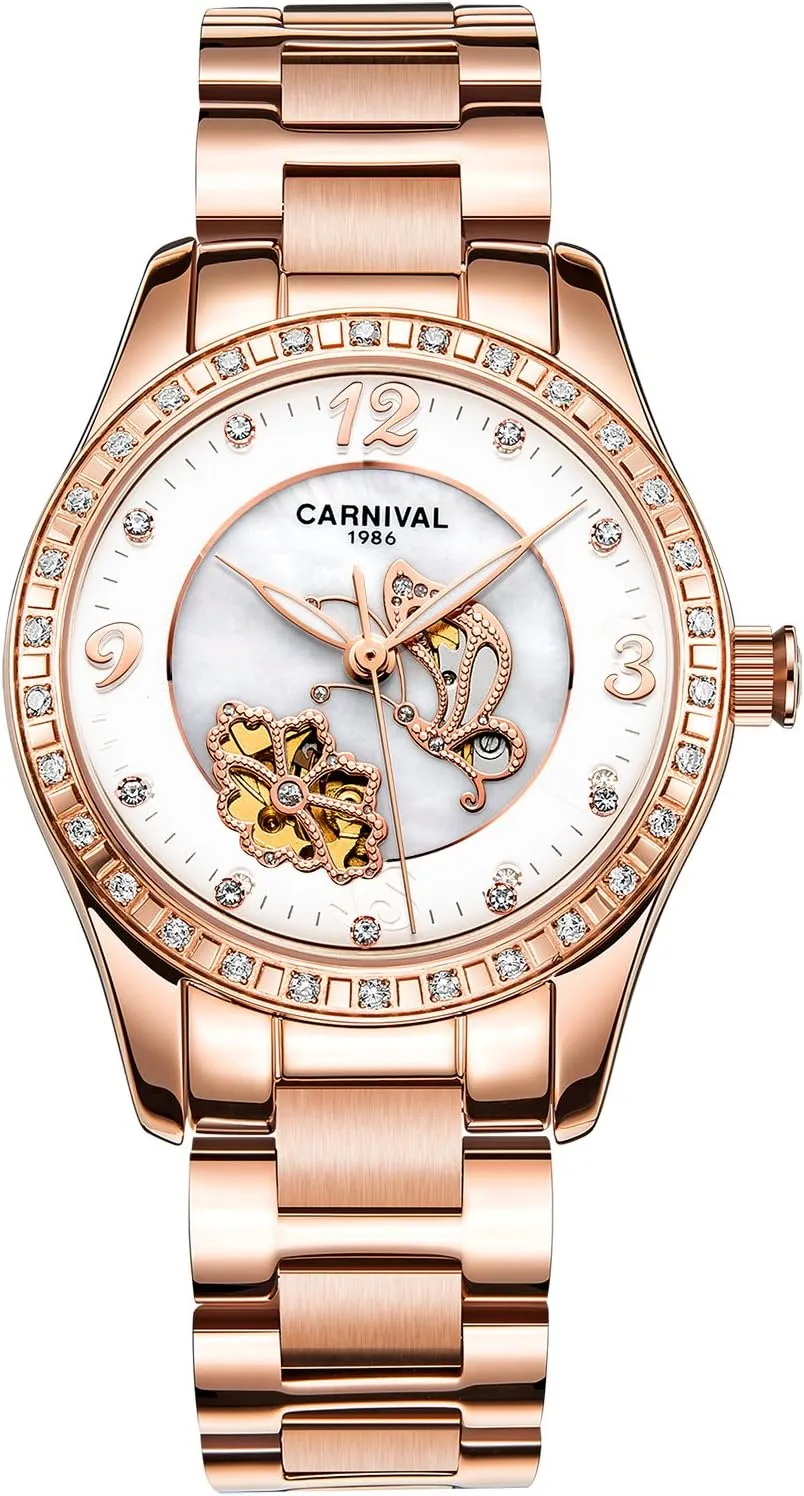 PASOY Women Automatic Watch Rose Gold Skeleton Butterfly Shell Dial Sapphire Crystal Mechanical Watches