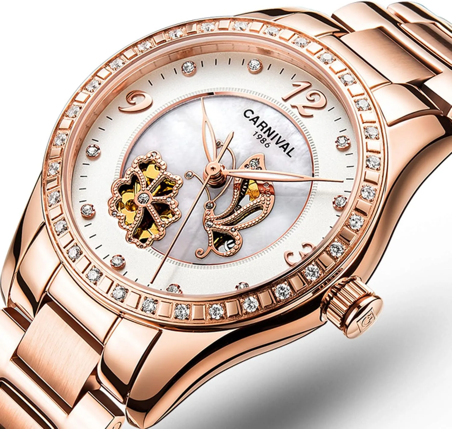 PASOY Women Automatic Watch Rose Gold Skeleton Butterfly Shell Dial Sapphire Crystal Mechanical Watches