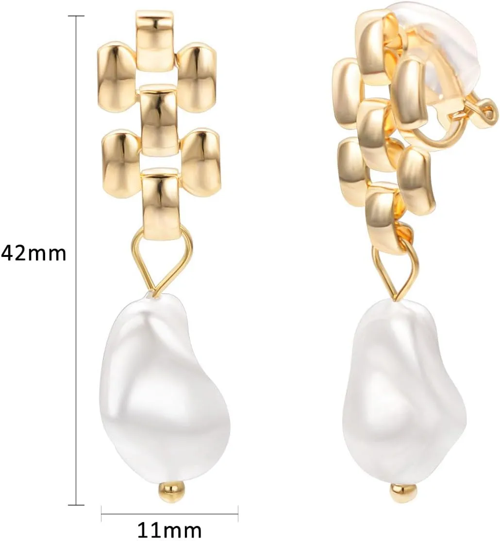 Pearl Drop Earrings for Women Gold Plated Butterfly CZ Chunky Teardrop Hollow Dangle Clip On Earrings Dainty Jewelry