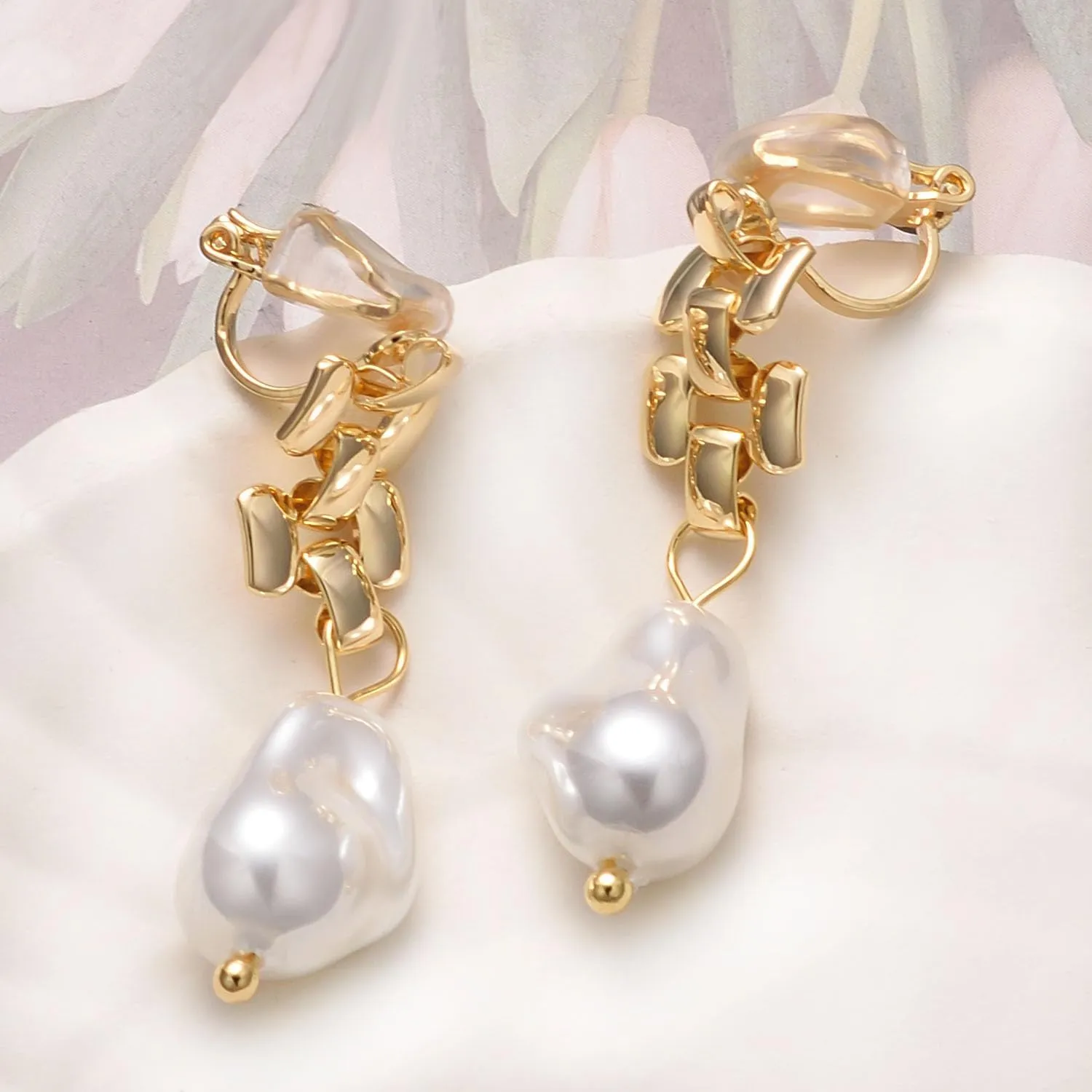 Pearl Drop Earrings for Women Gold Plated Butterfly CZ Chunky Teardrop Hollow Dangle Clip On Earrings Dainty Jewelry