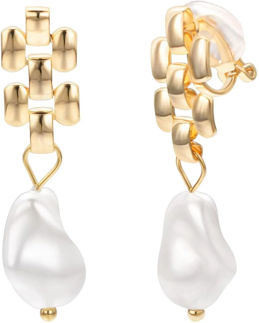Pearl Drop Earrings for Women Gold Plated Butterfly CZ Chunky Teardrop Hollow Dangle Clip On Earrings Dainty Jewelry
