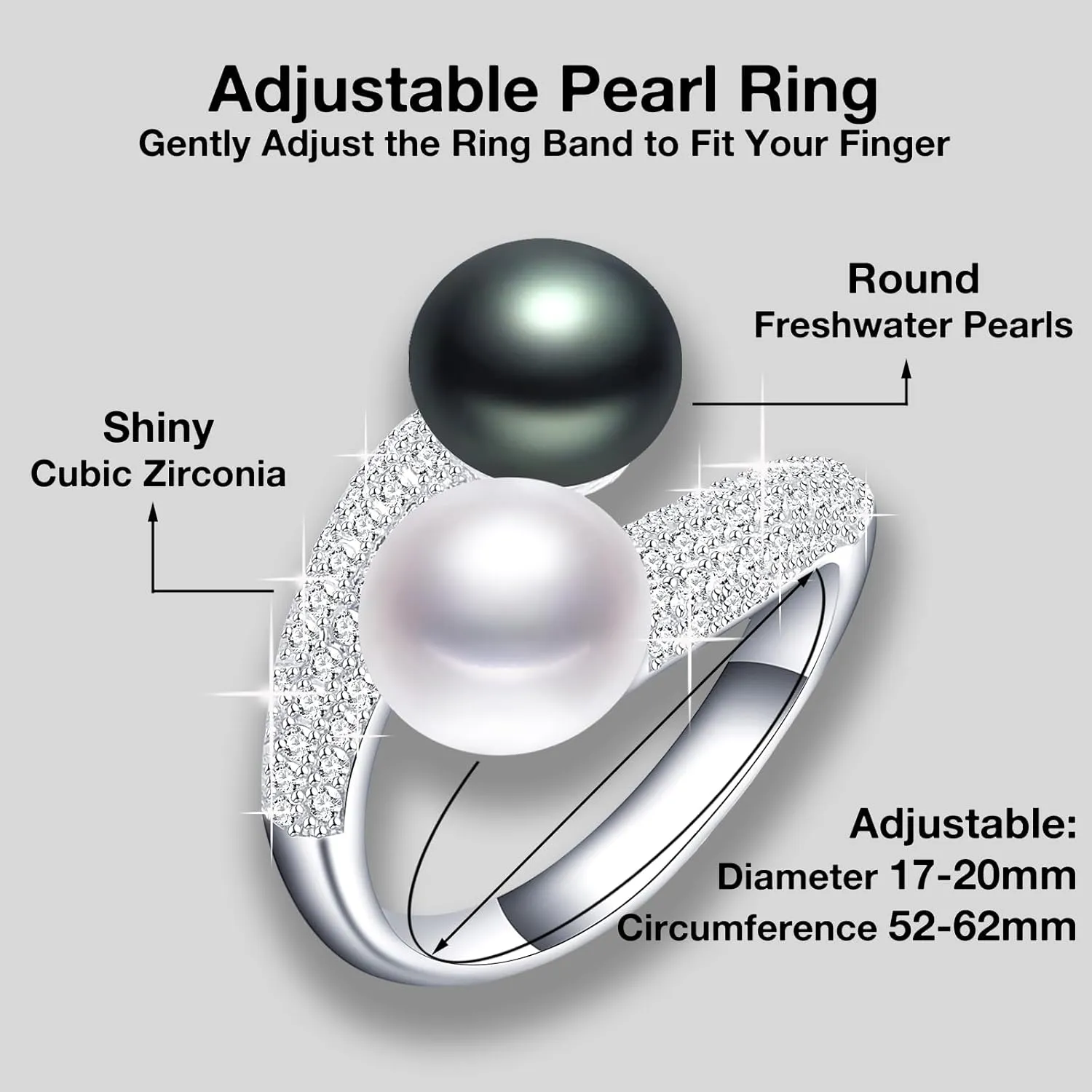 Pearl Ring Open Twist Stacking Rings for Women Freshwater Bread Pearl with Zirconia Adjustable Crossover Statement Ring Band
